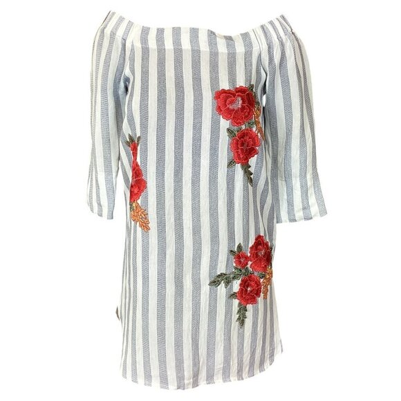 Addie BOHO Striped Mini Dress Floral Embroidery Gray & White Sz S 312G - Picture 2 of 8